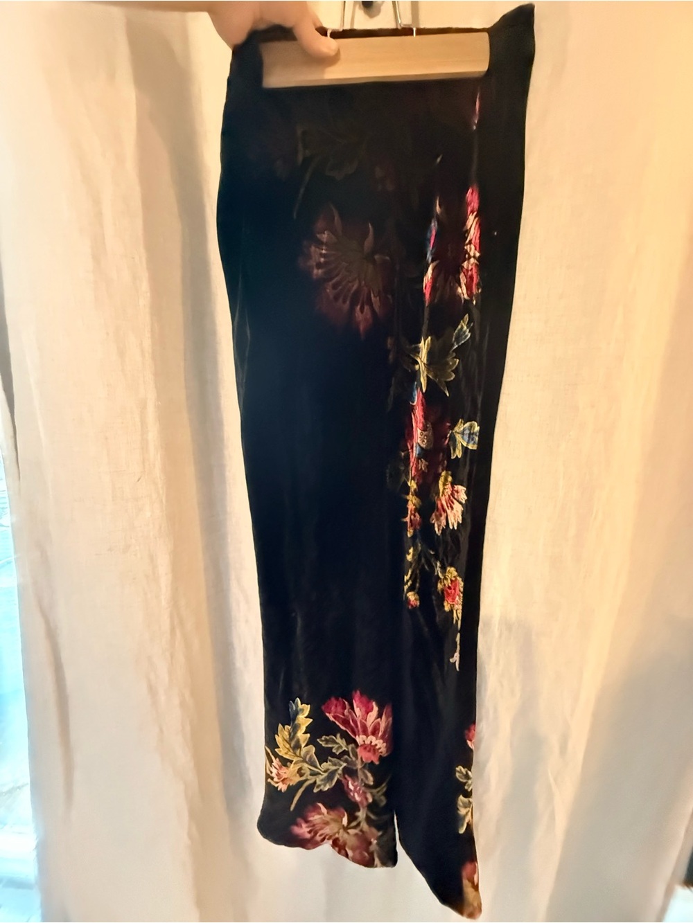 Anthropologie Black Velvet Maxi Skirt with Floral Embroidery
